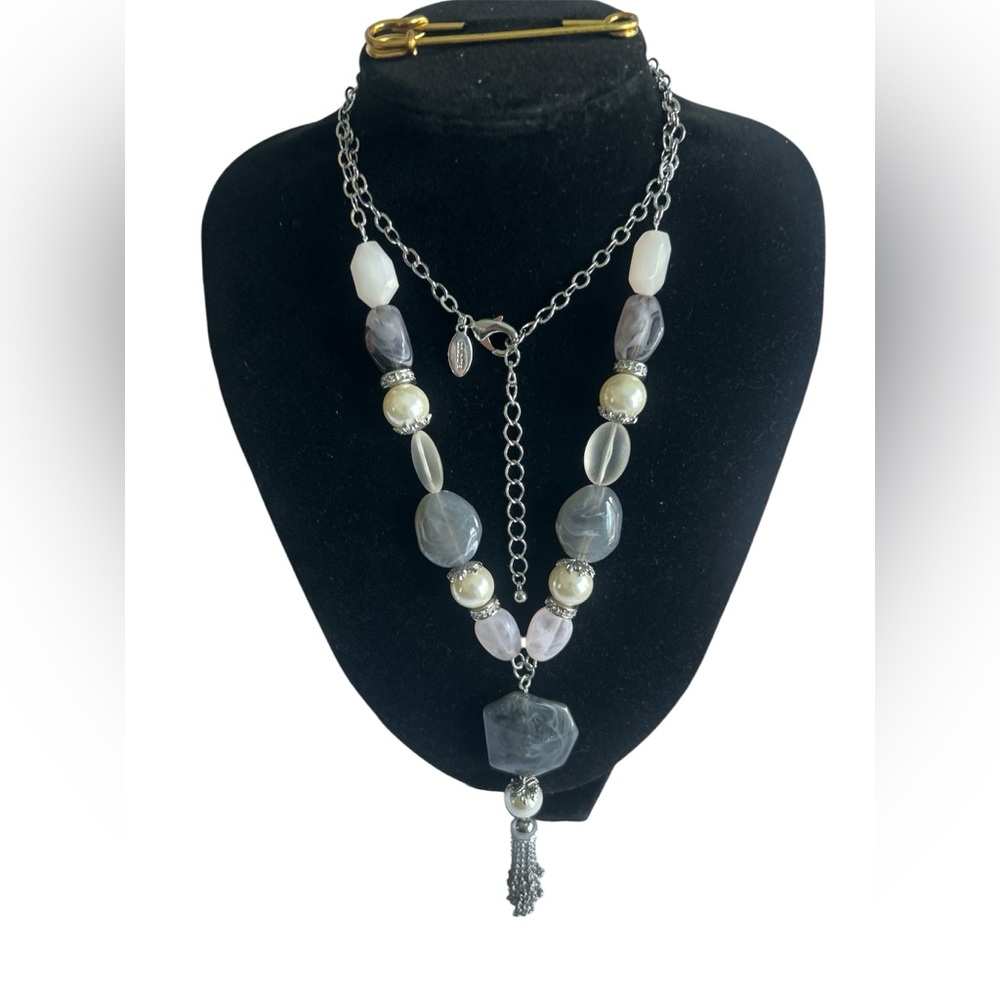Chico's Silver Tone Multi Color & Bead Gray Gemstone Pendant Tassel Necklace
